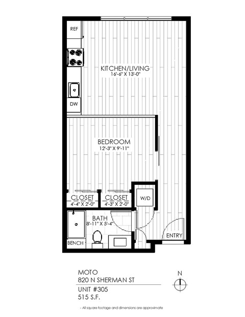 A floor plan for a motel room with a kitchen, bedroom, bathroom, and closet.